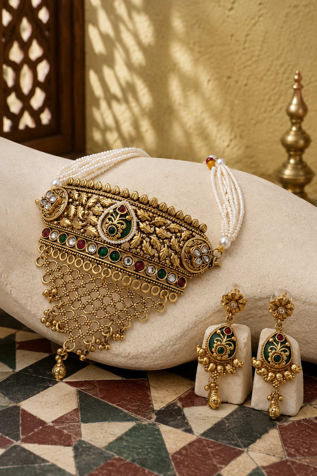 Floral Peacock Gold Plated Choker Necklace Set