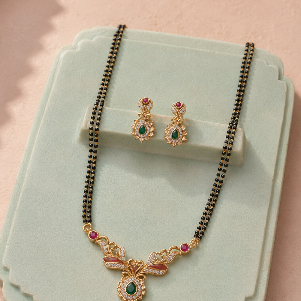 Green Stone Double Gold Plated Mangalsutra Set