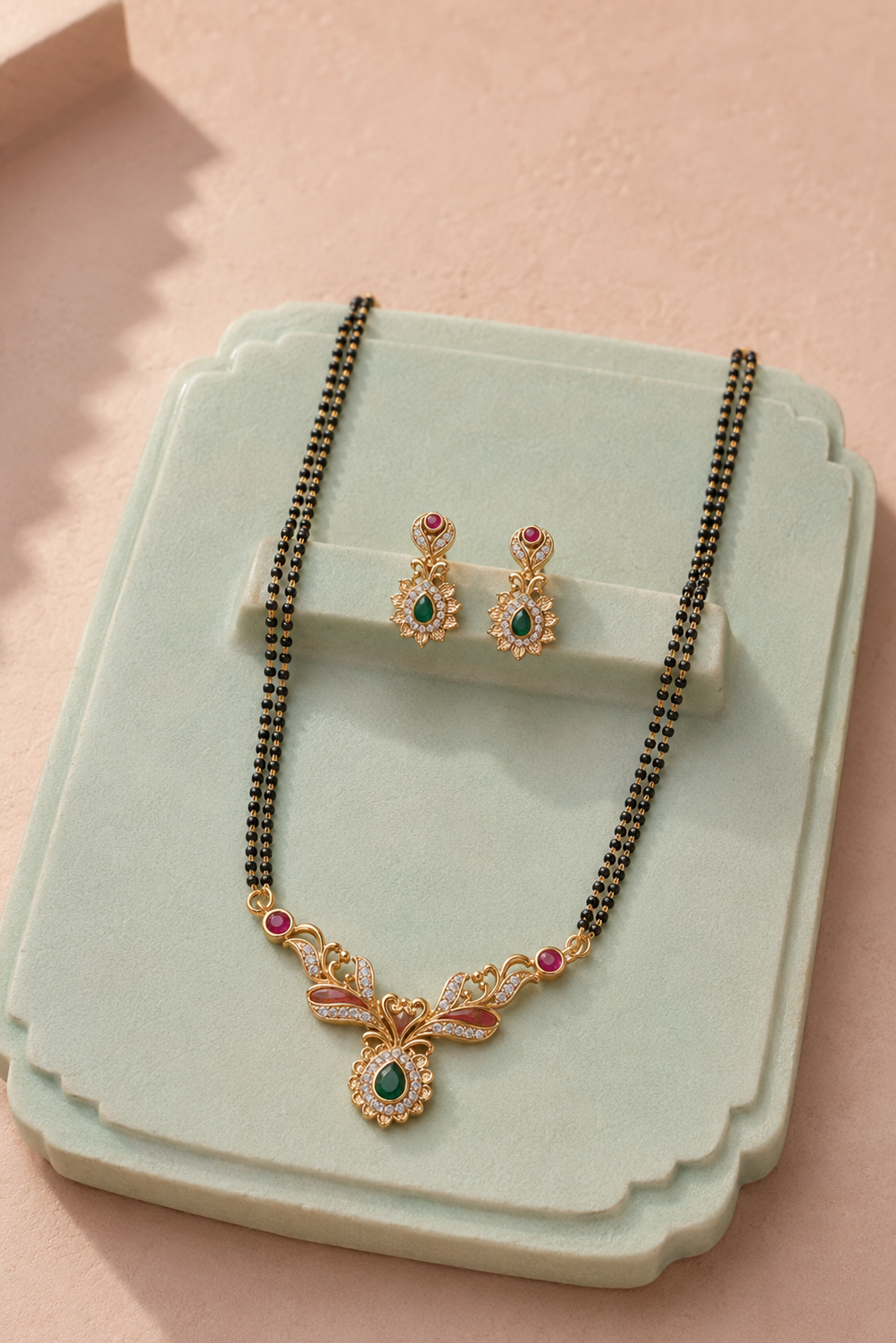 Green Stone Double Gold Plated Mangalsutra Set