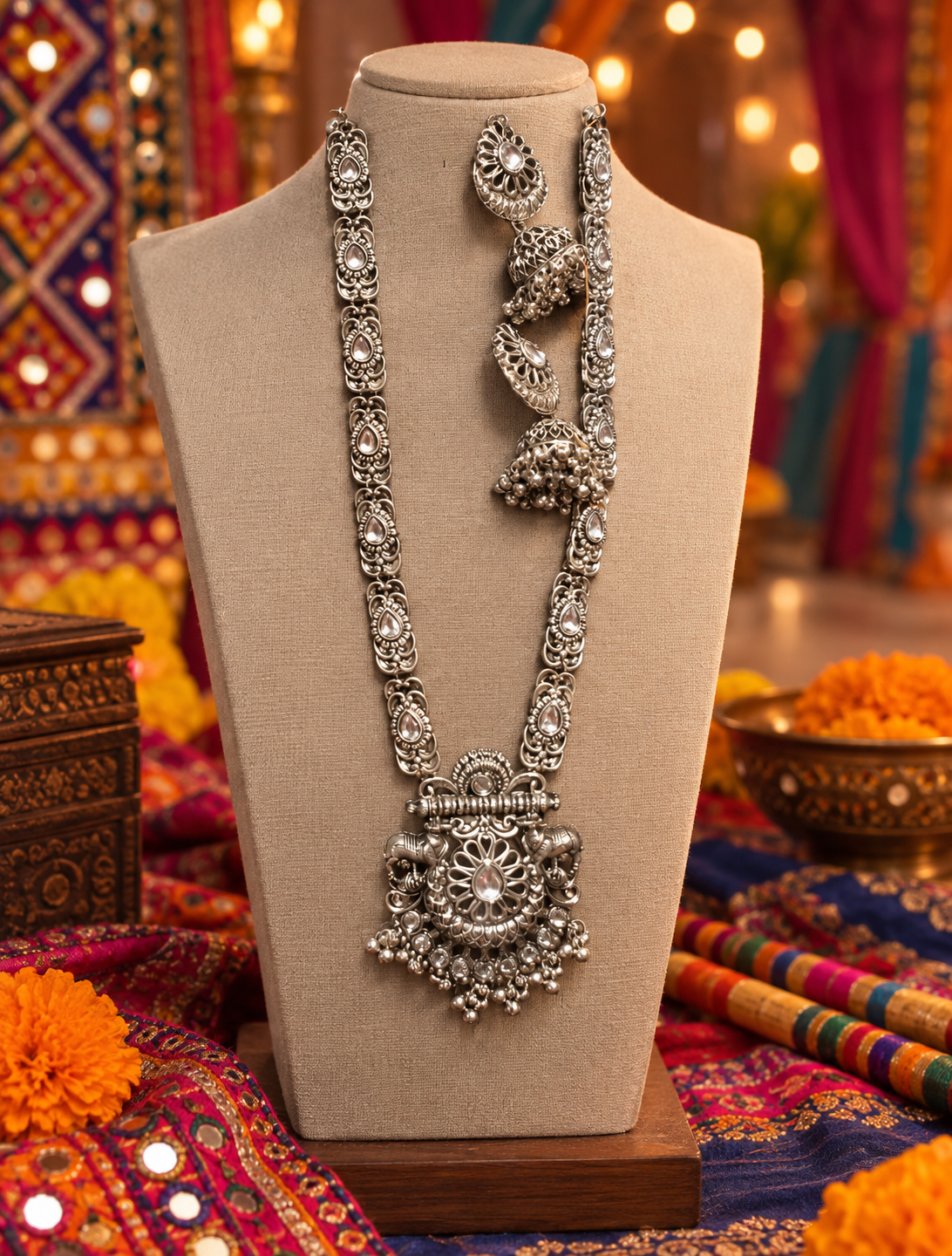Oxidised Round Pendant Necklace Set