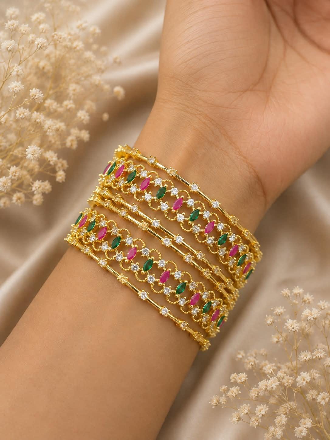 Gold Plated Pink Green Stone Layered Bangle