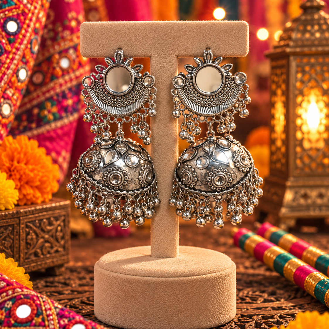 Oxidised Round Jhumka Earrings