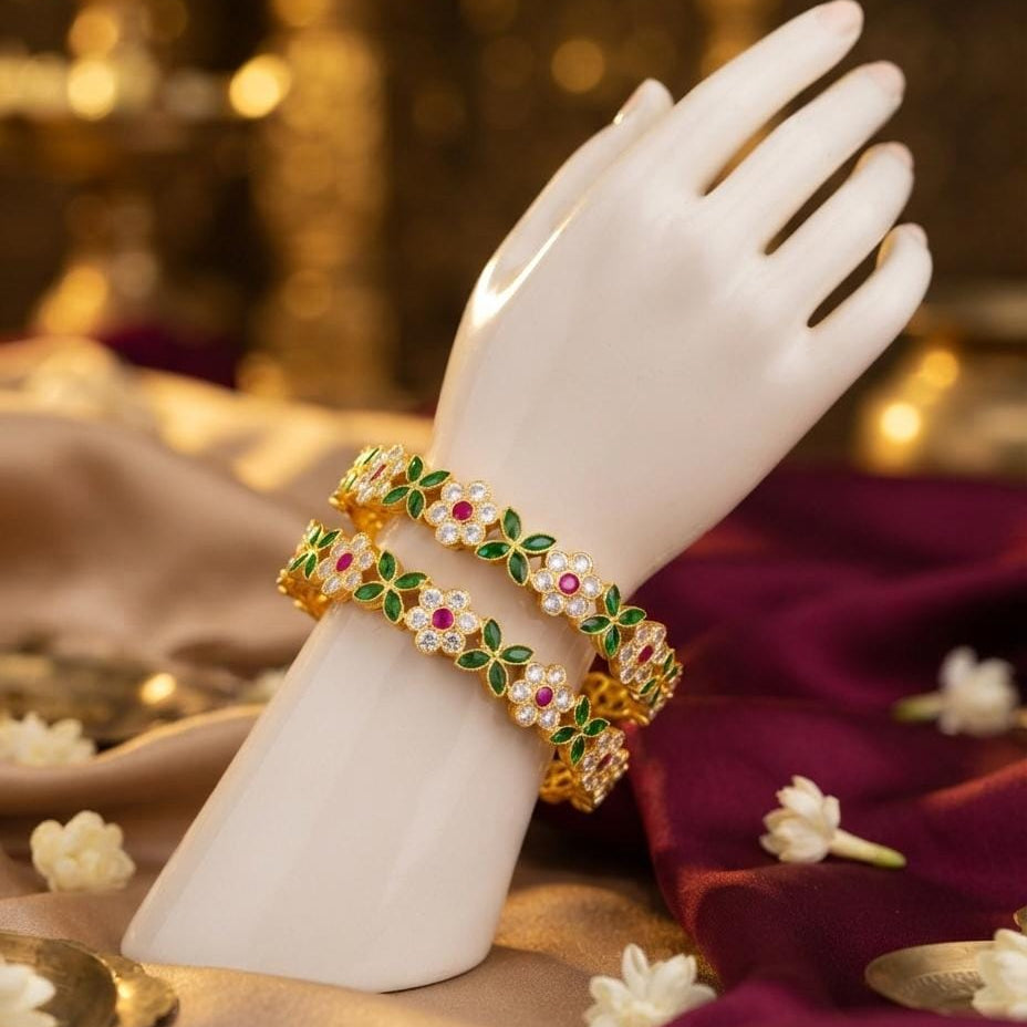Green Pink Floral Double Row Bangle