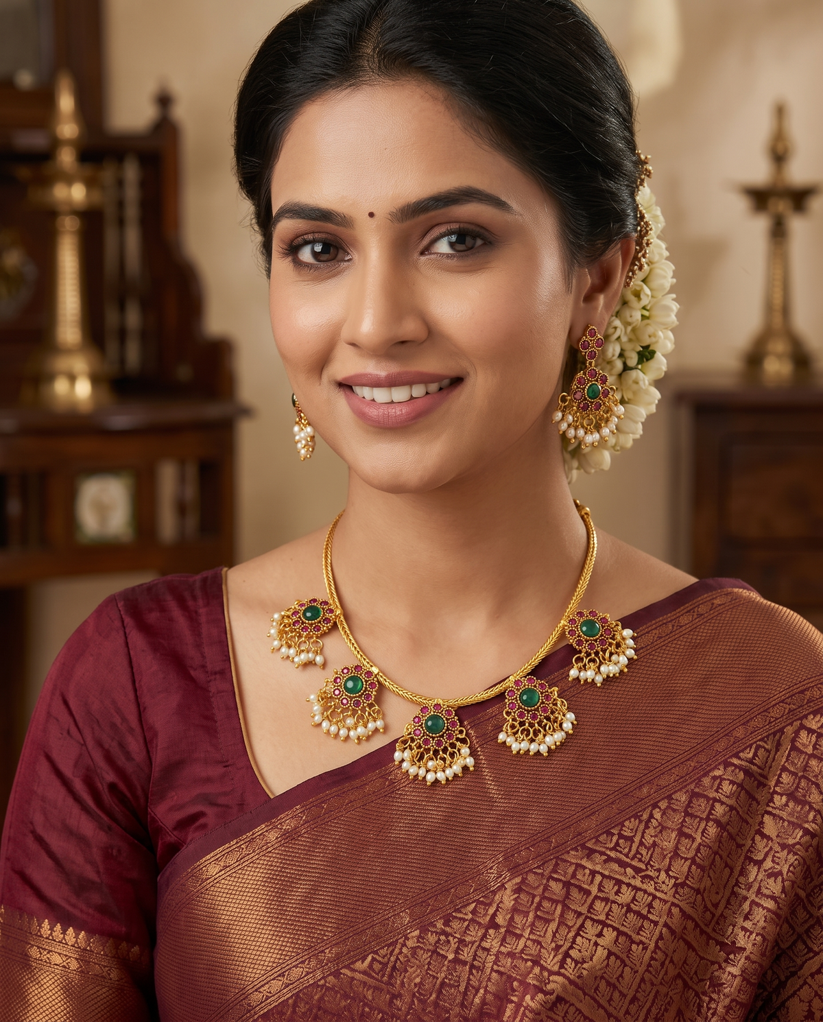 Multicolour Kemp Gold Plated Floral Necklace Set with Earrings