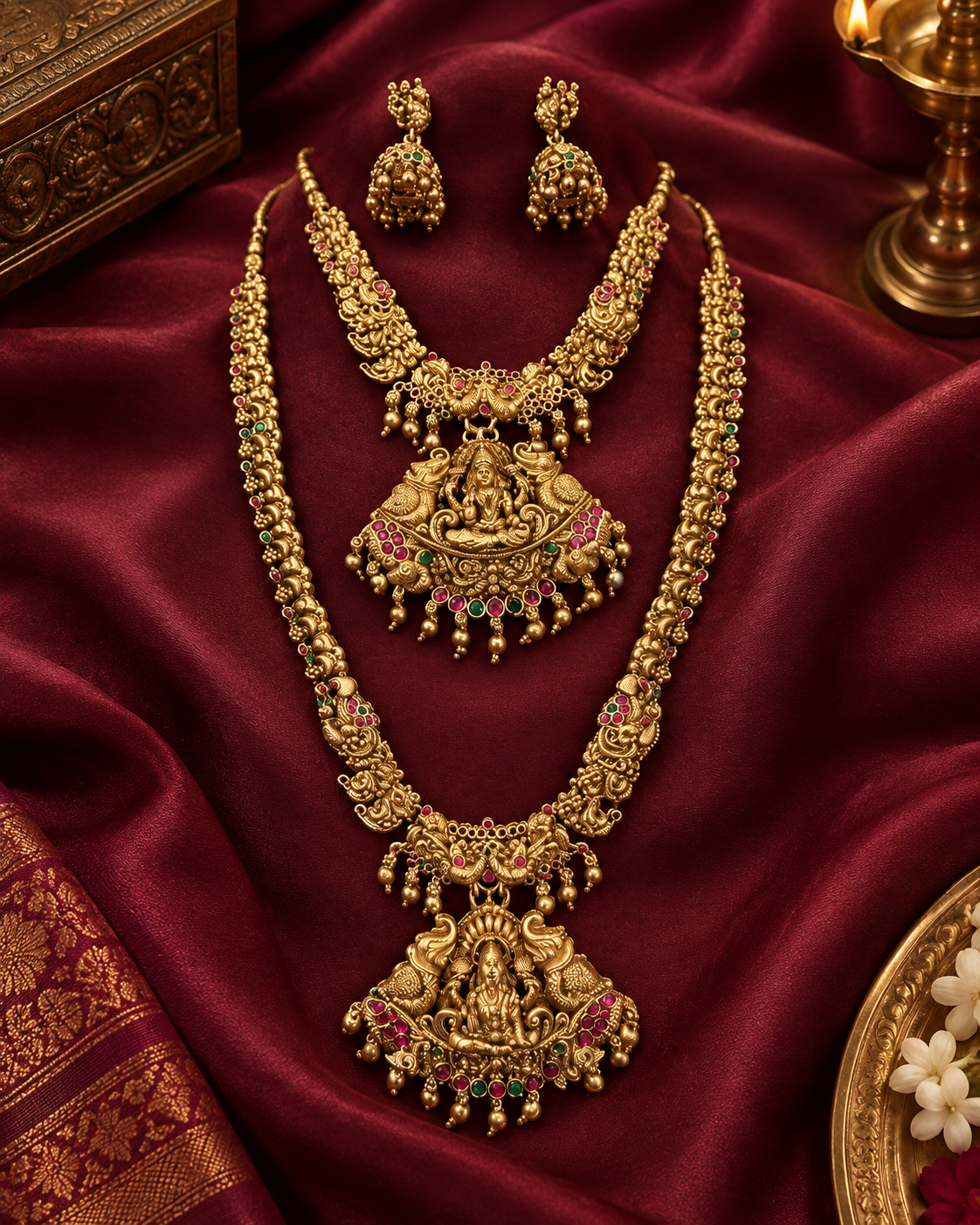 Lakshmi Devi Gold Plated Pendant Double Necklace Set
