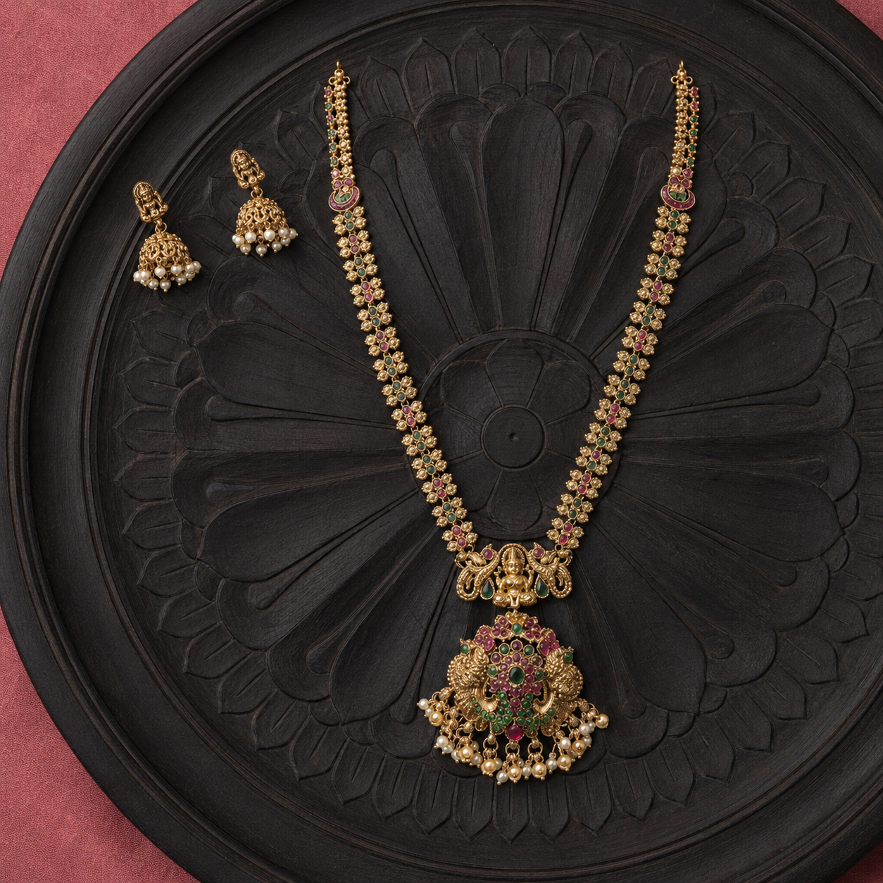 Floral Lakshmi Devi Gold Plated Pendant Necklace Set