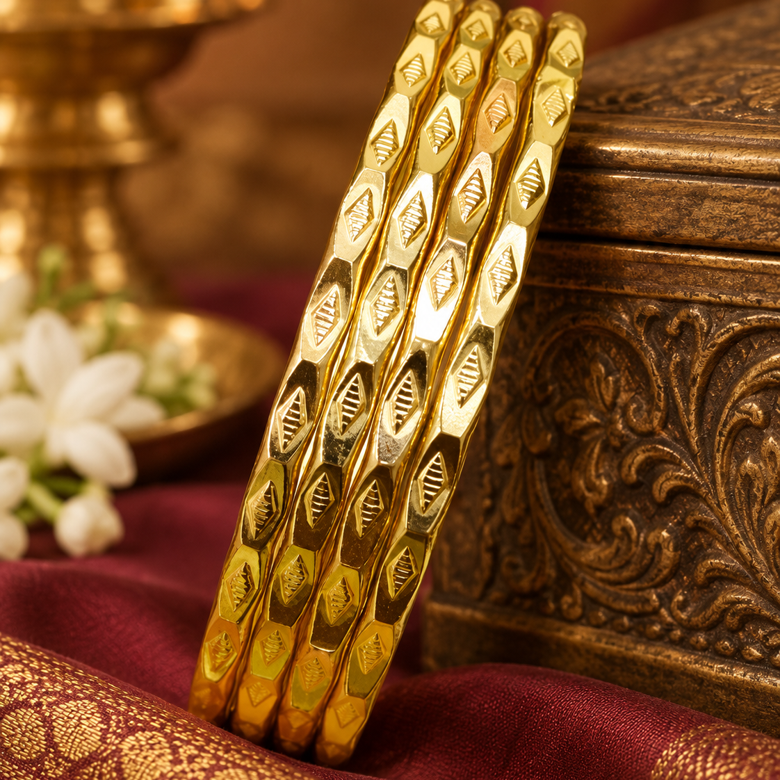 Gold Finish Leaf Motif Bangle