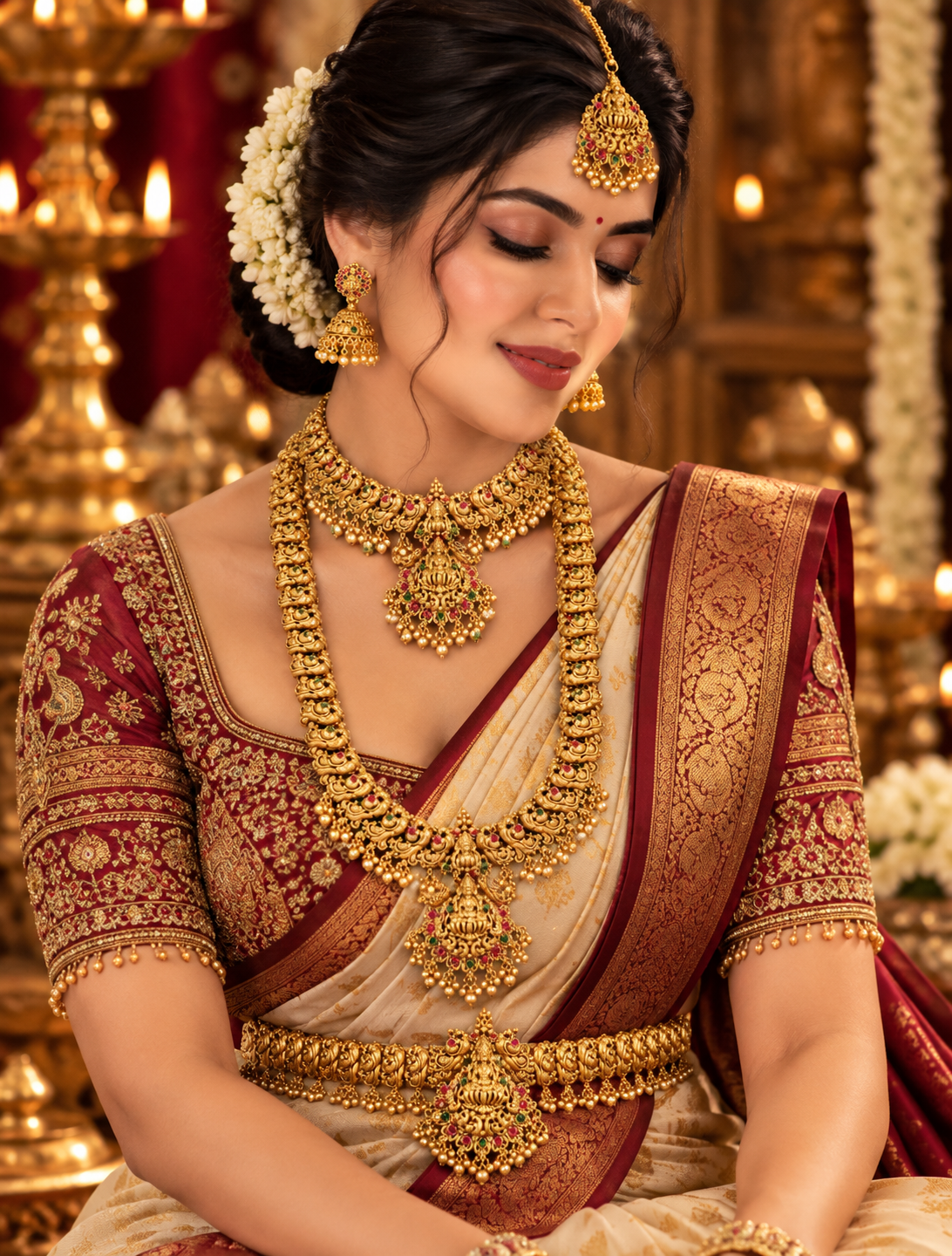 Semi Bridal Long Temple Necklace Combo Set
