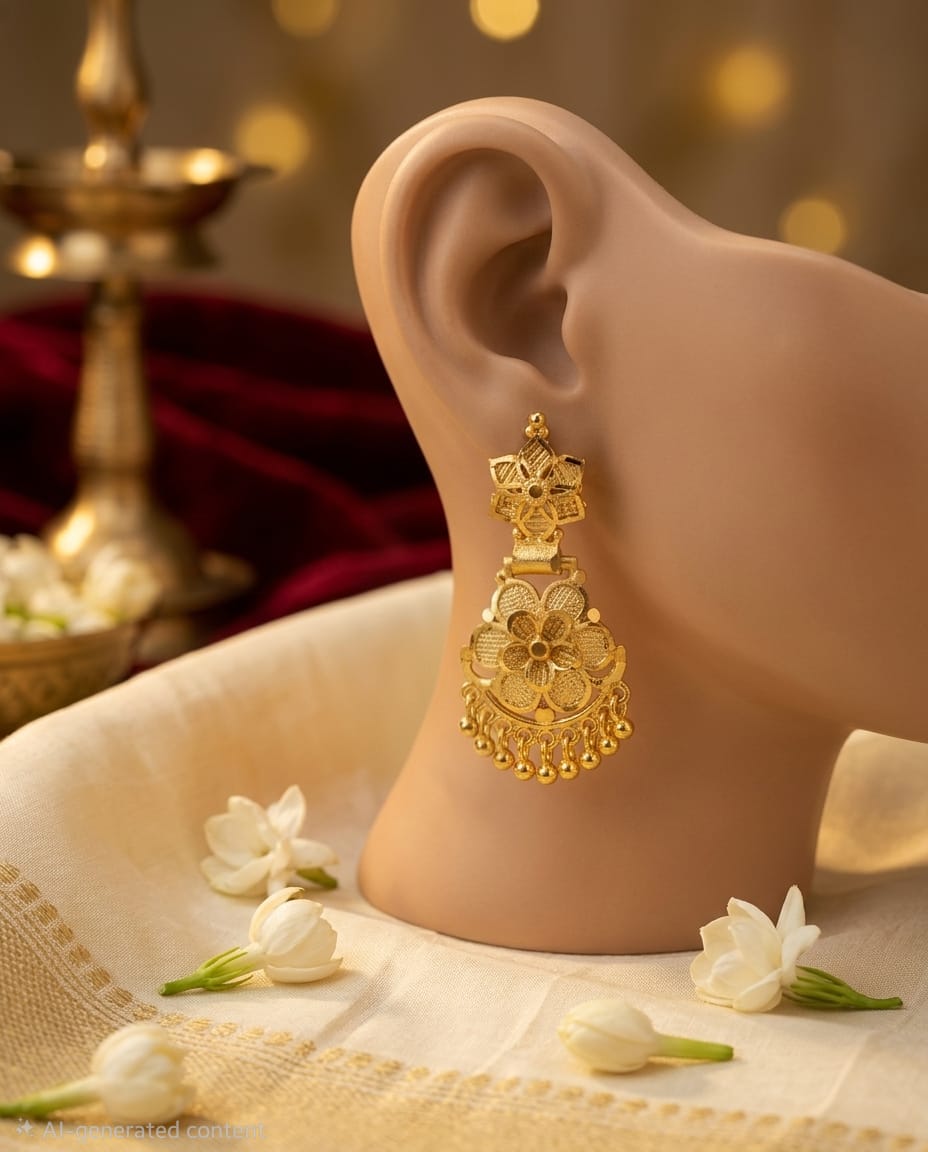 Gold Finish Floral Stone Drop Earrings