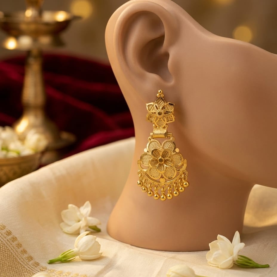 Gold Finish Floral Stone Drop Earrings