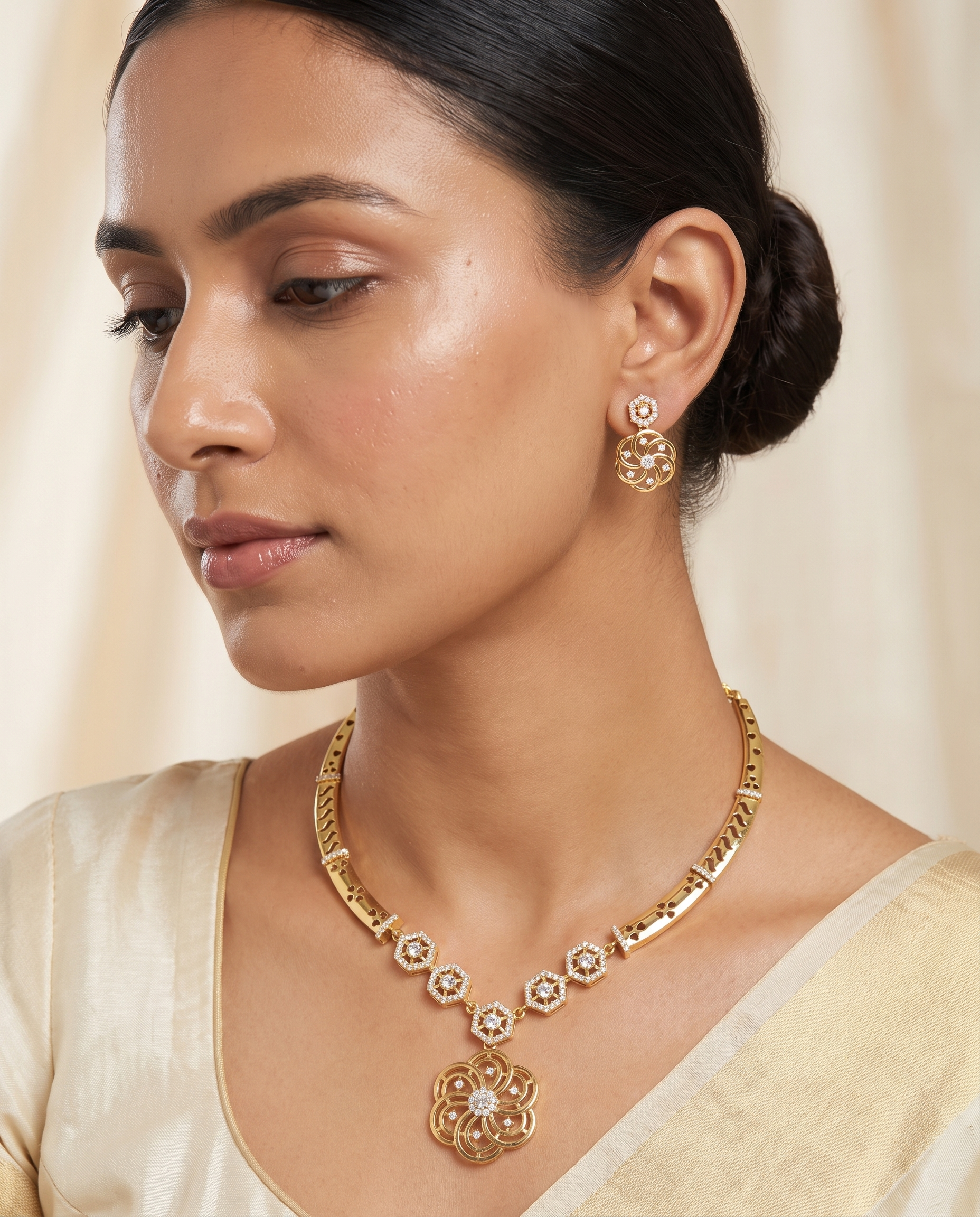 Floral Pendant Gold Tone Necklace Set with Earrings