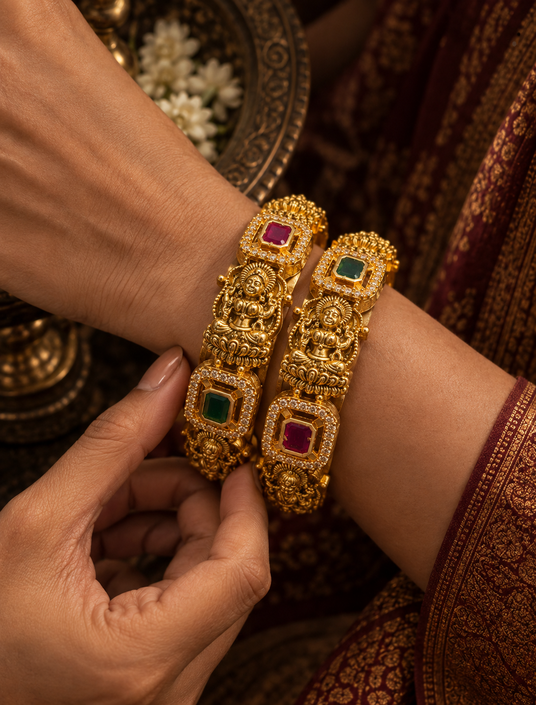 Gold Plated Green Pink Stone Temple Design Bangle
