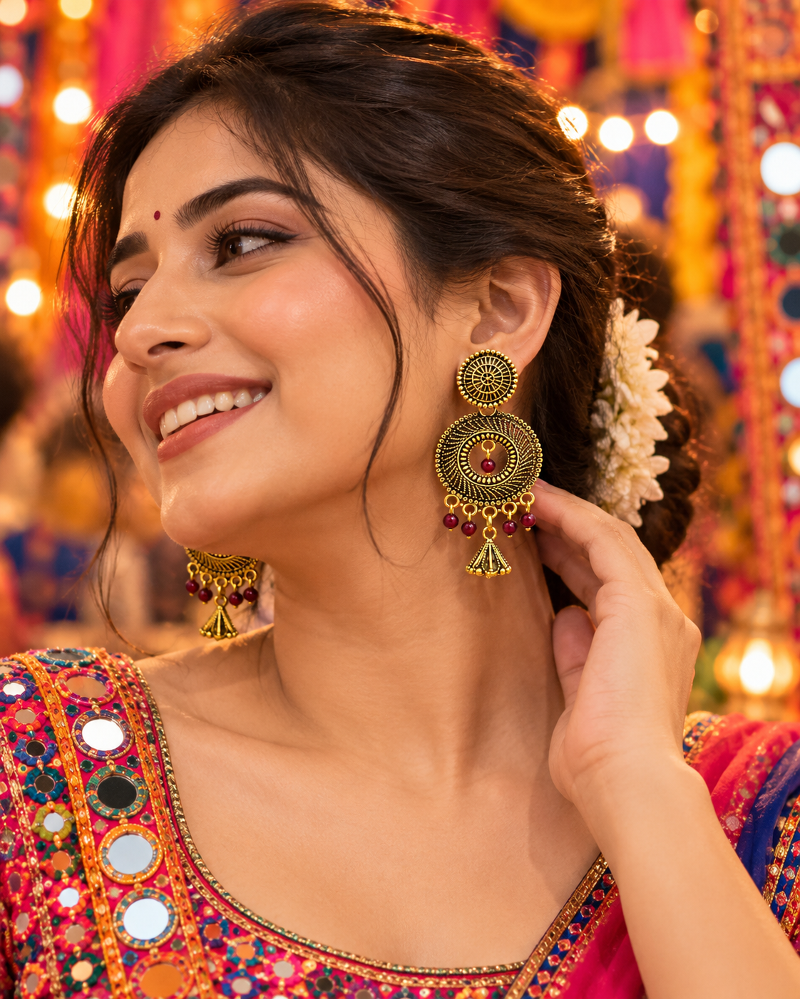 Oxidised Round Motif Jhumka Earrings