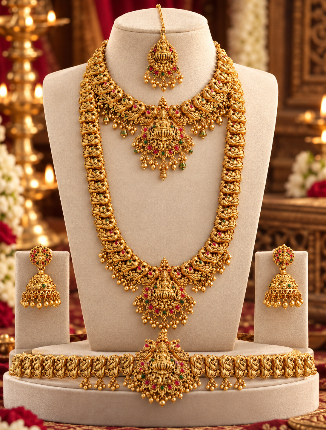 Semi Bridal Long Temple Necklace Combo Set