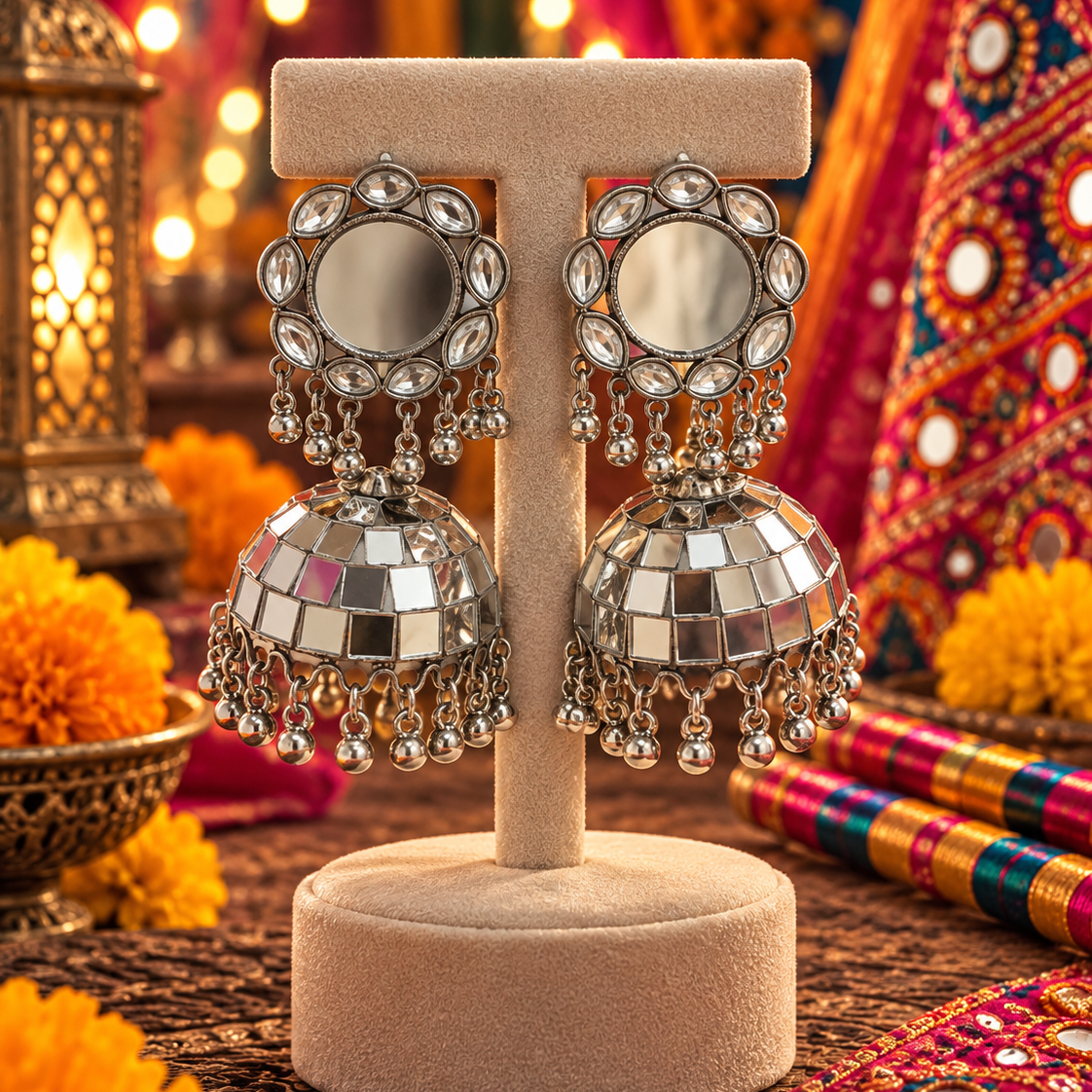 Oxidised Mirror Work Jhumka Earrings