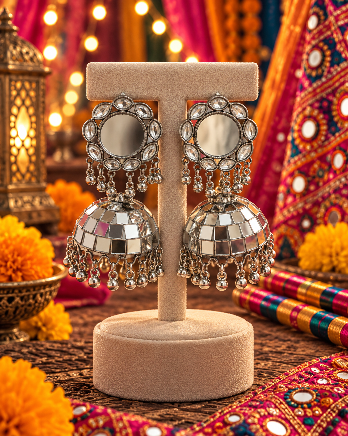 Oxidised Mirror Work Jhumka Earrings