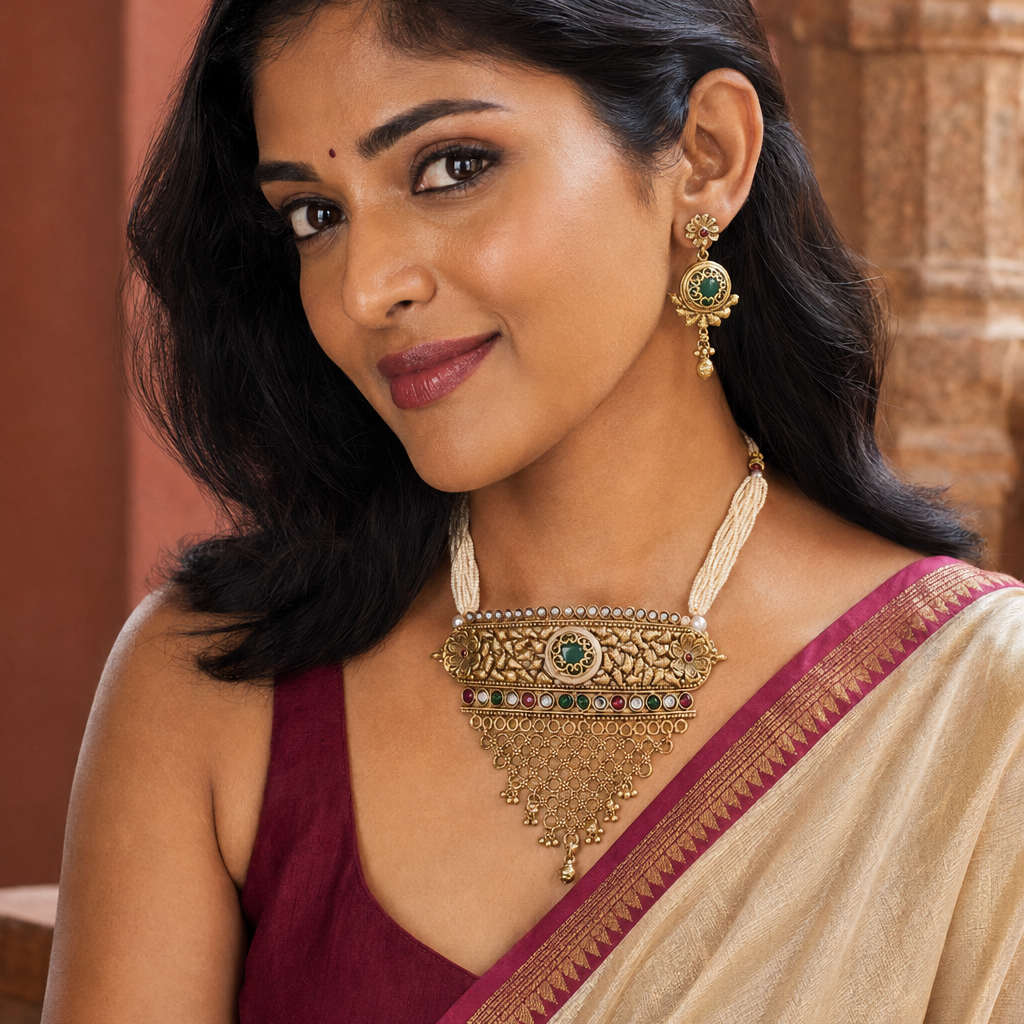 Rajwadi Meenakari Leafwork Pearl Choker Set