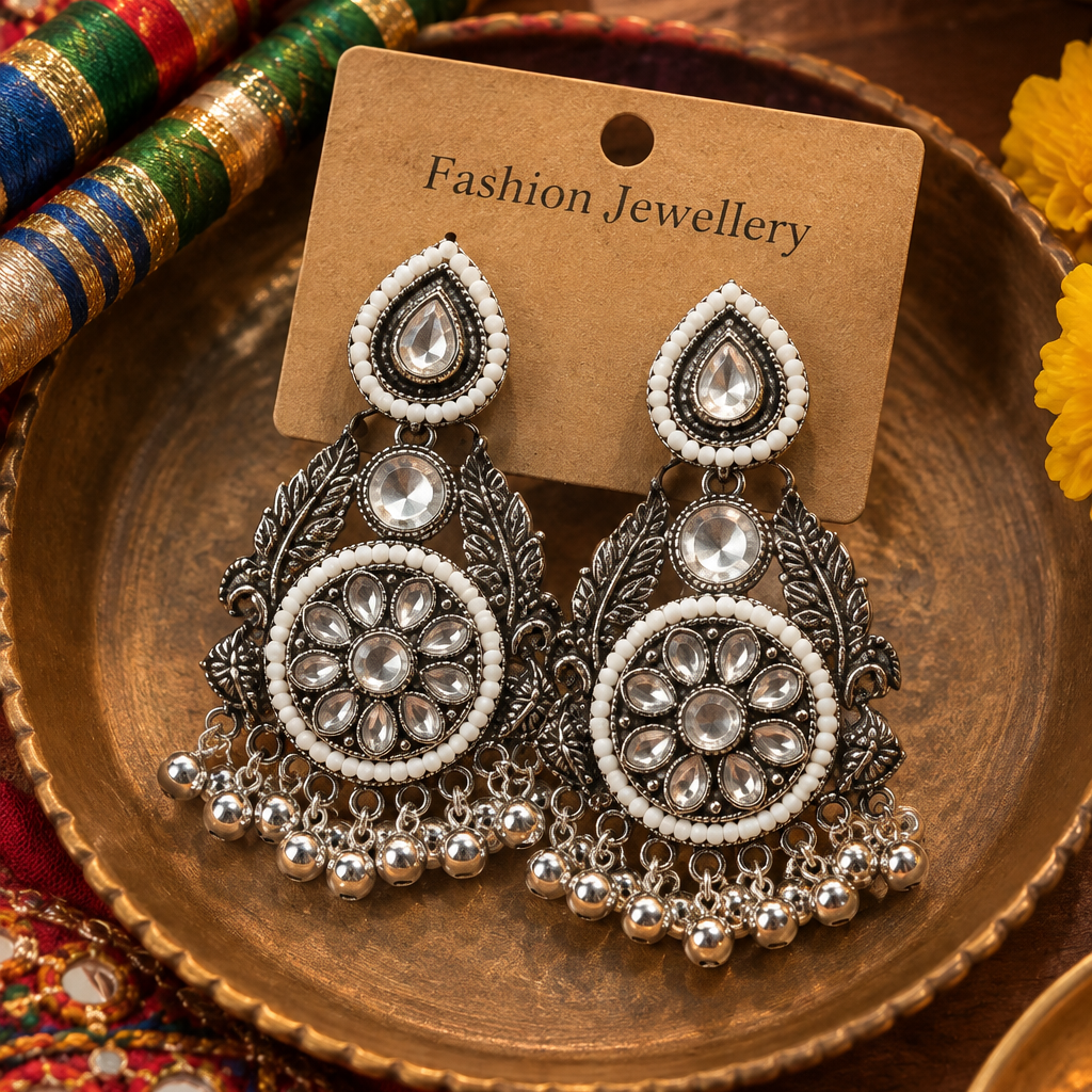Oxidised Floral Round Jhumka Earrings