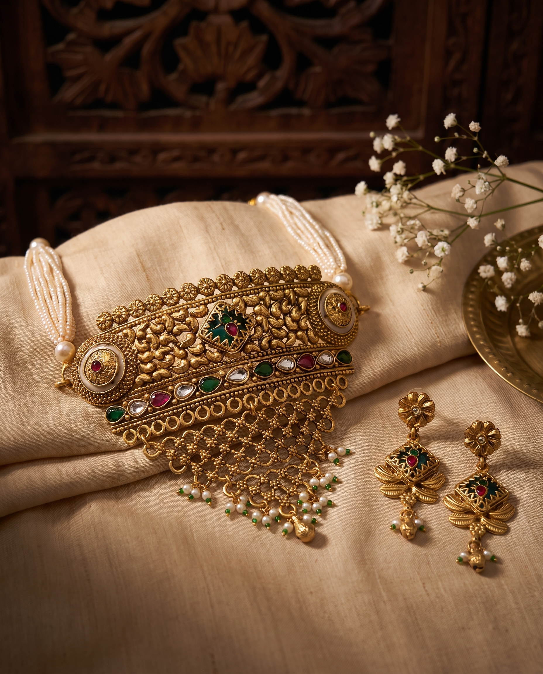 Rajwadi Floral Kundan-Inspired Pearl Choker Set