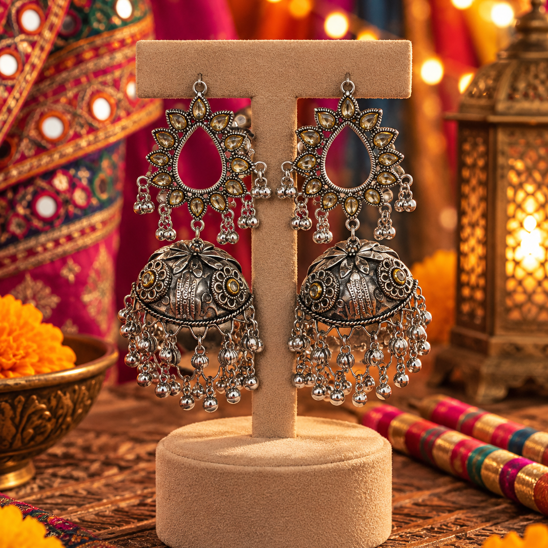 Oxidised Dome Jhumka Earrings