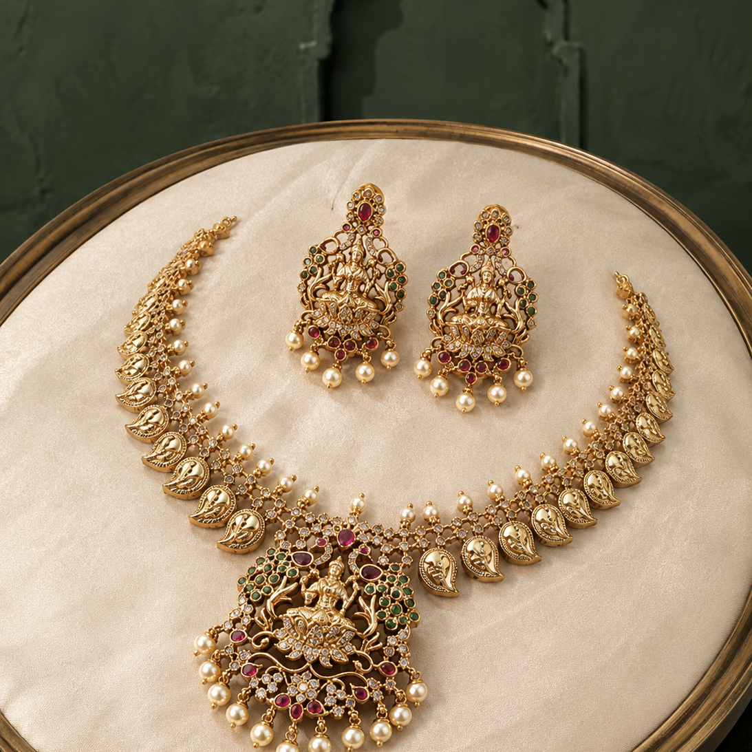 Divine Lakshmi Matte Gold Plated Amra Necklace Set with Earrings