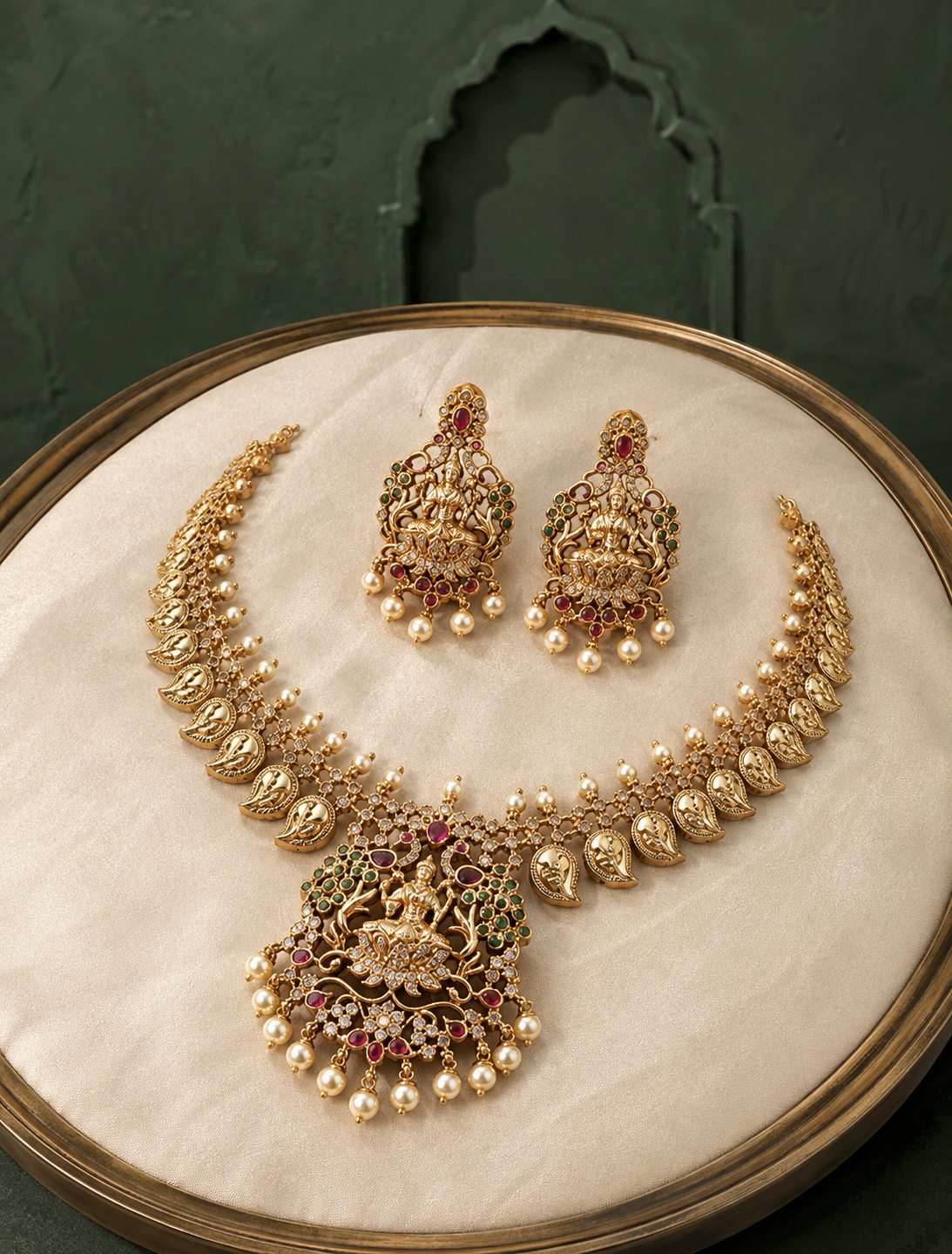 Divine Lakshmi Matte Gold Plated Amra Necklace Set with Earrings