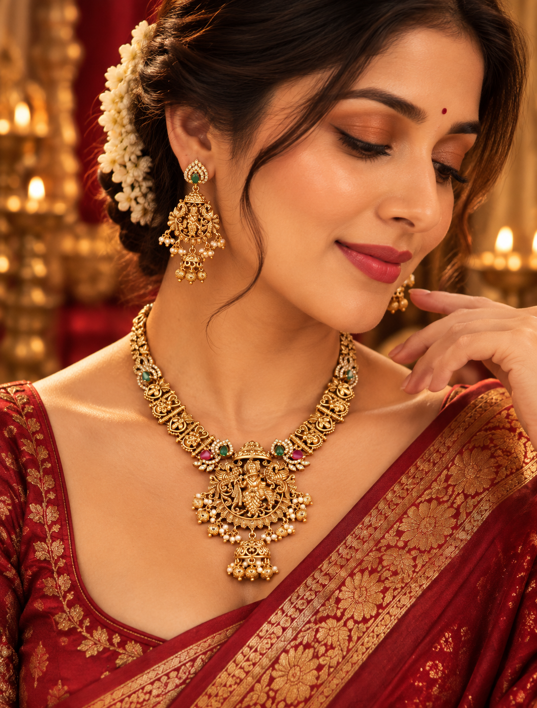 Gold Finish Krishna Motif Temple Necklace Set with Earrings