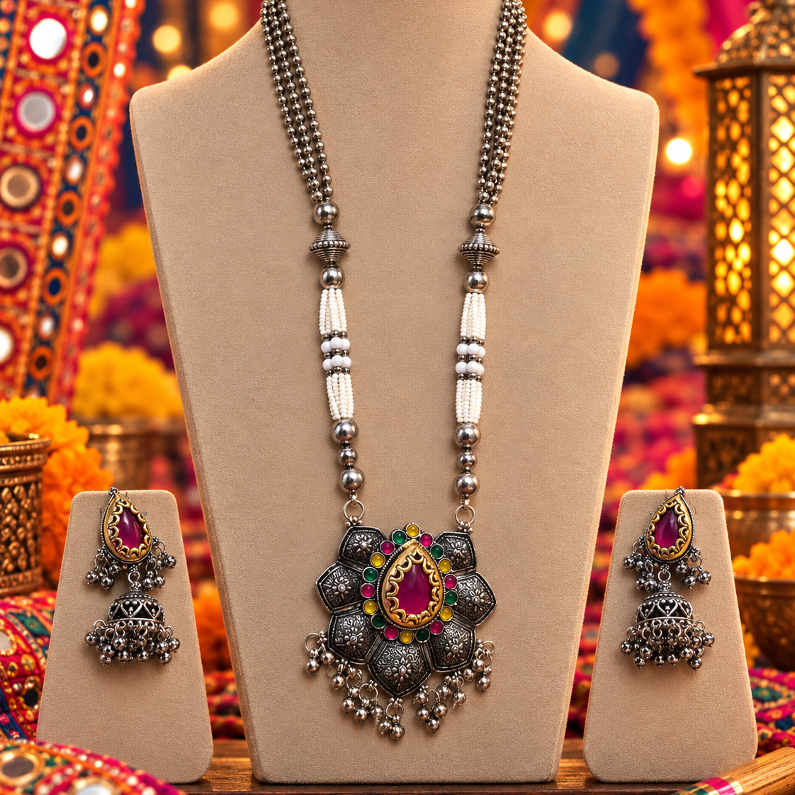Oxidised Pink Stone Floral Necklace Set