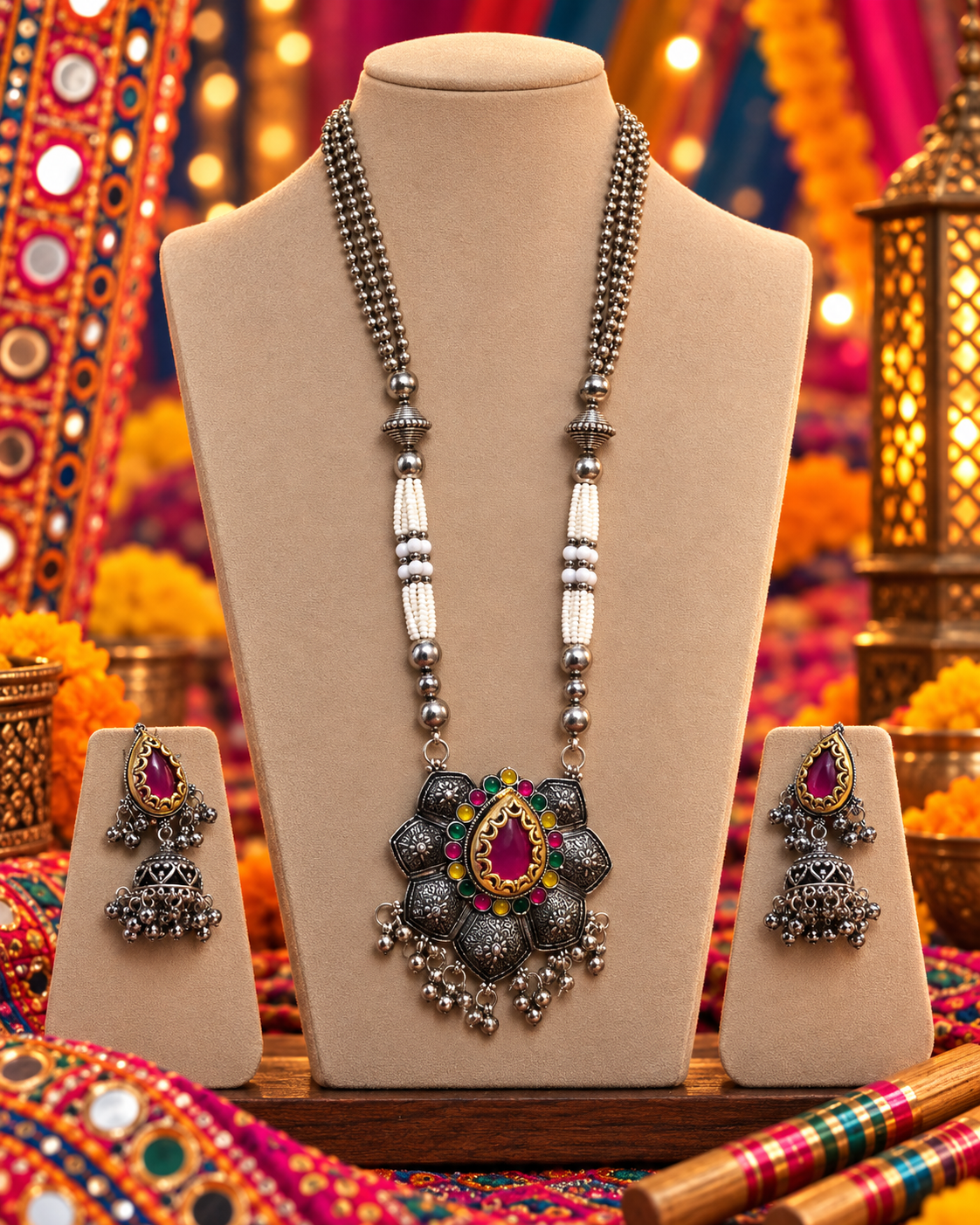 Oxidised Pink Stone Floral Necklace Set