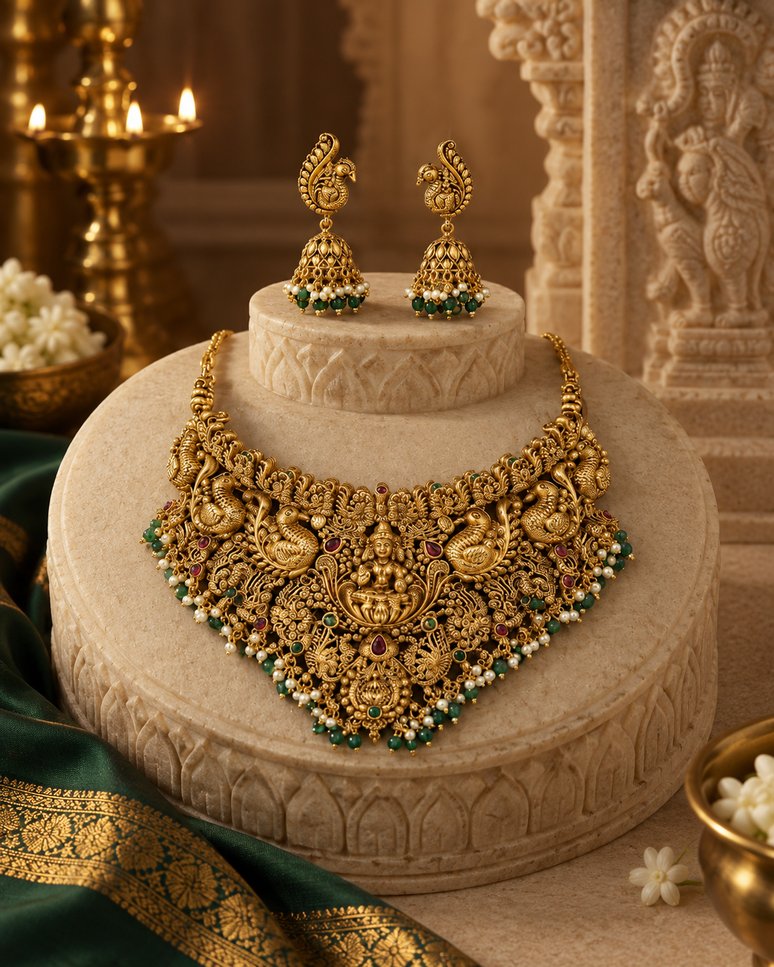 Peacock Lakshmi Devi Gold Plated Choker Necklace Set