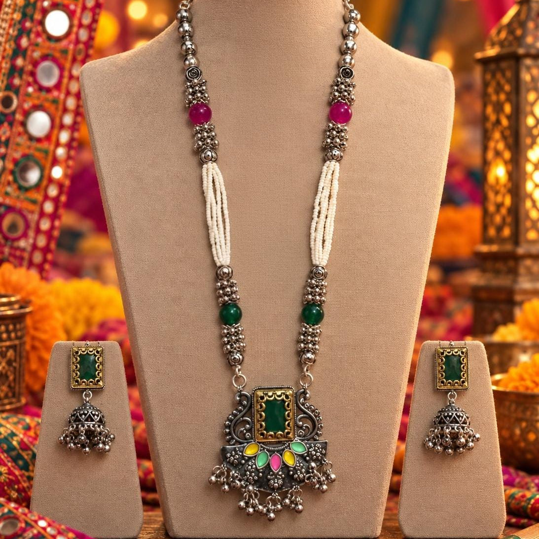 Oxidised Green Stone Traditional Necklace Set