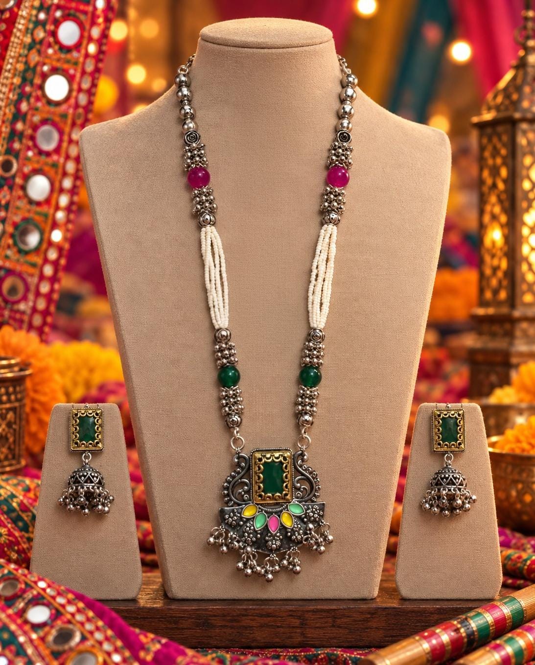 Oxidised Green Stone Traditional Necklace Set
