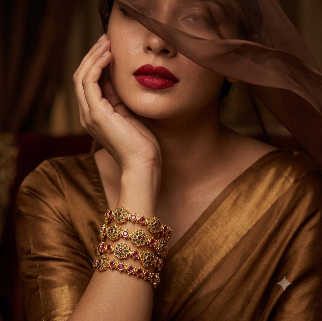 Gold Plated Pink Green Stone Floral Bangle