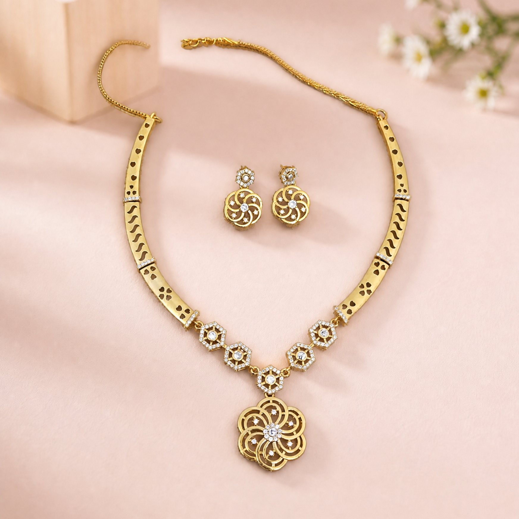 Floral Pendant Gold Tone Necklace Set with Earrings