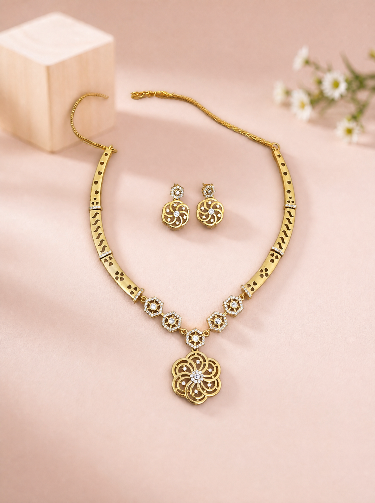Floral Pendant Gold Tone Necklace Set with Earrings