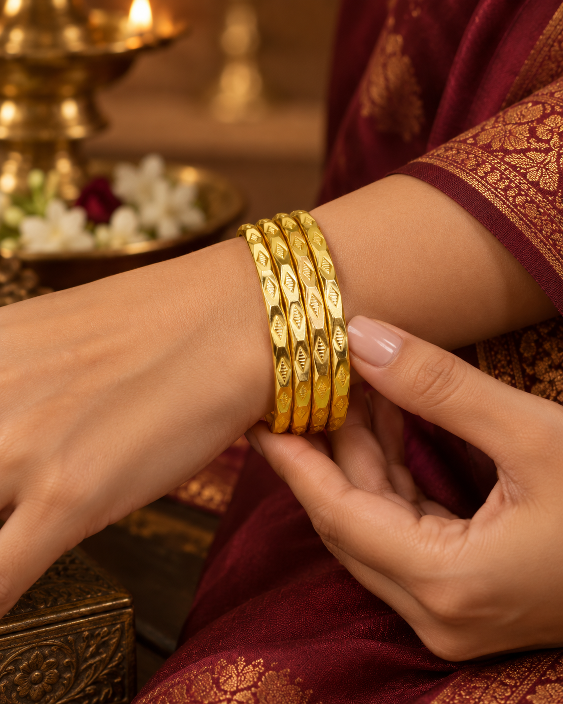 Gold Finish Leaf Motif Bangle