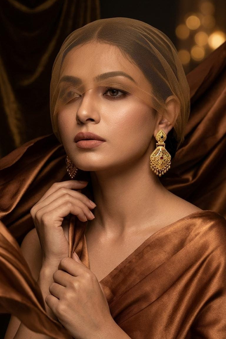 Gold Plated Black Stone Traditional Drop Earrings