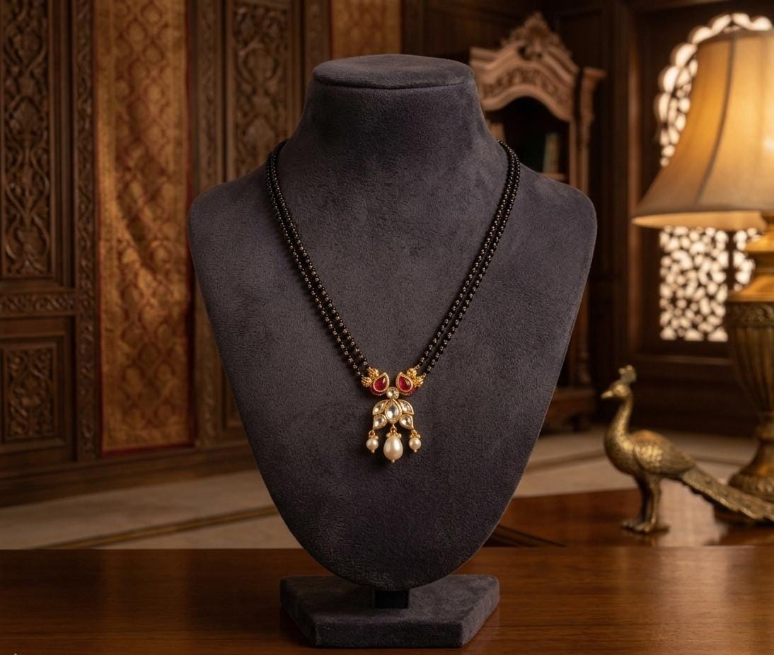 Gold Plated Black Bead Red White Stone Mangalsutra