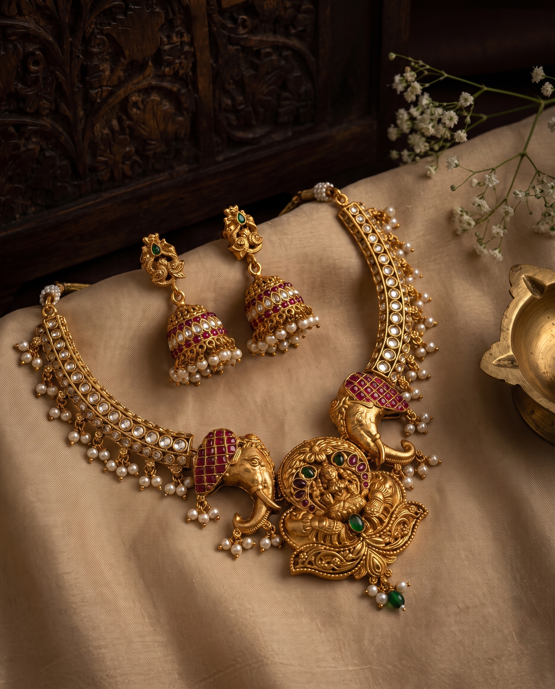 Elephant Lakshmi Devi Gold Plated Necklace Set