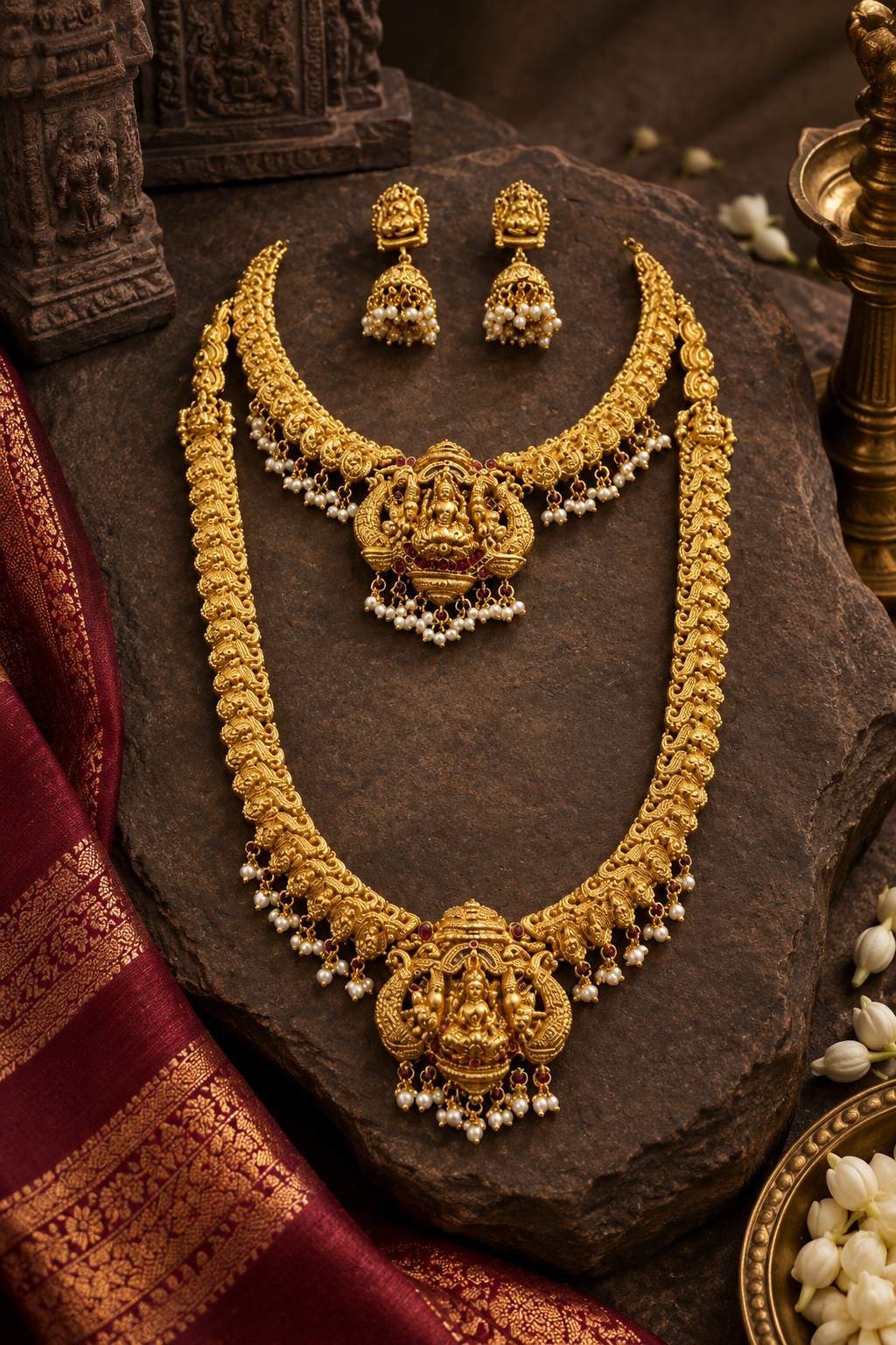 Lakshmi Devi Gold Plated Choker and Long Haram Set