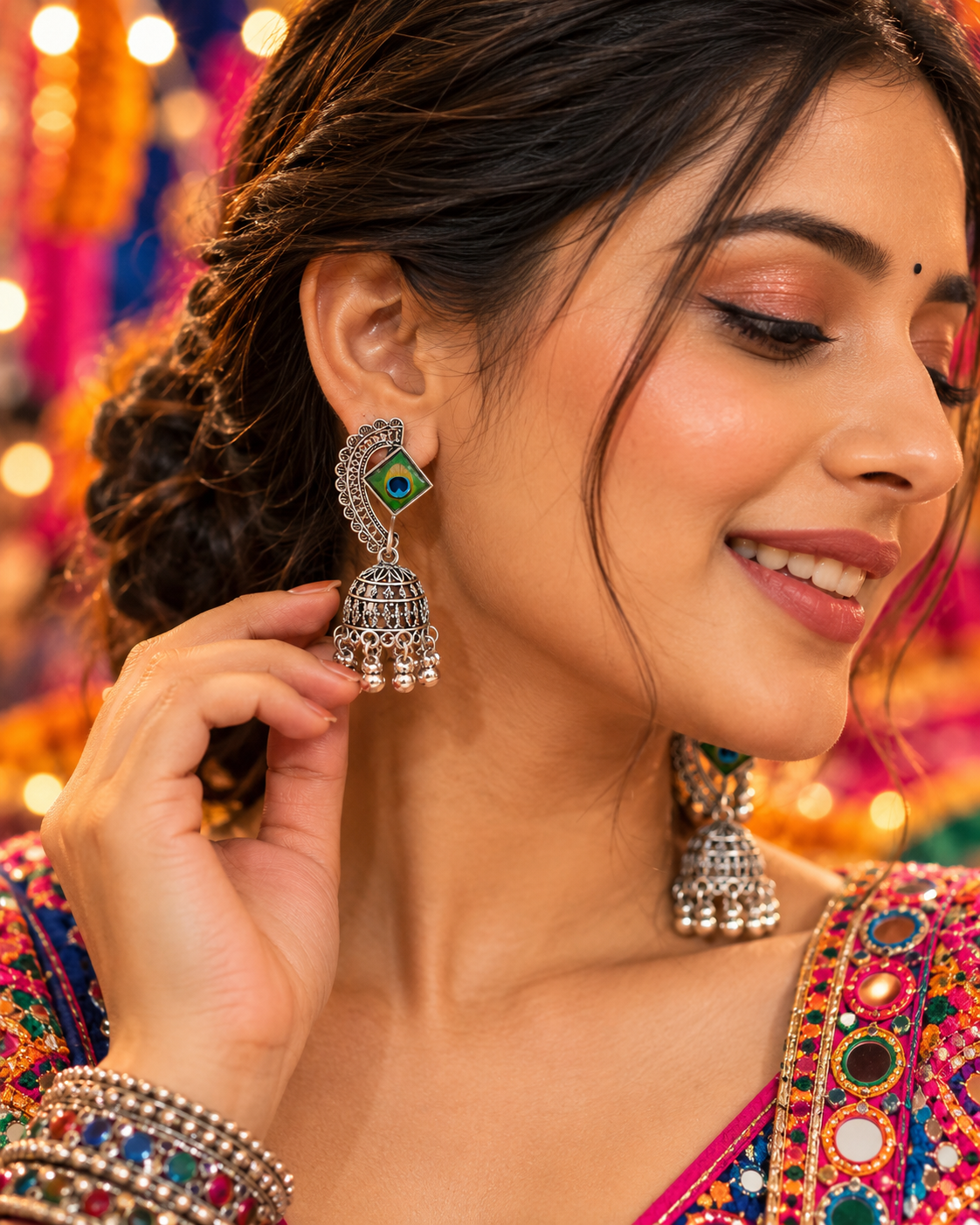 Oxidised Peacock Design Jhumka Earrings