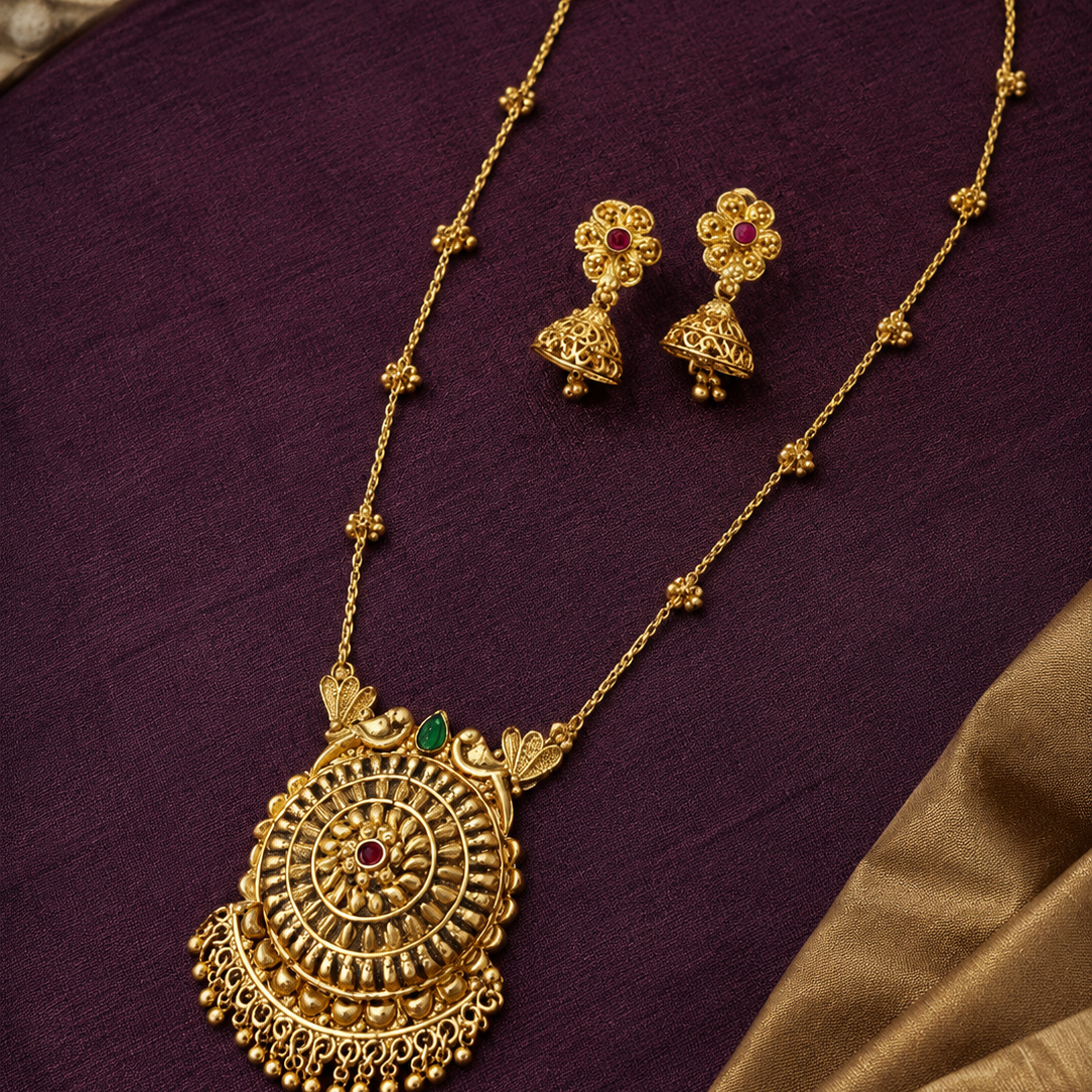 Red Stone Peacock Gold Plated Pendant Necklace Set