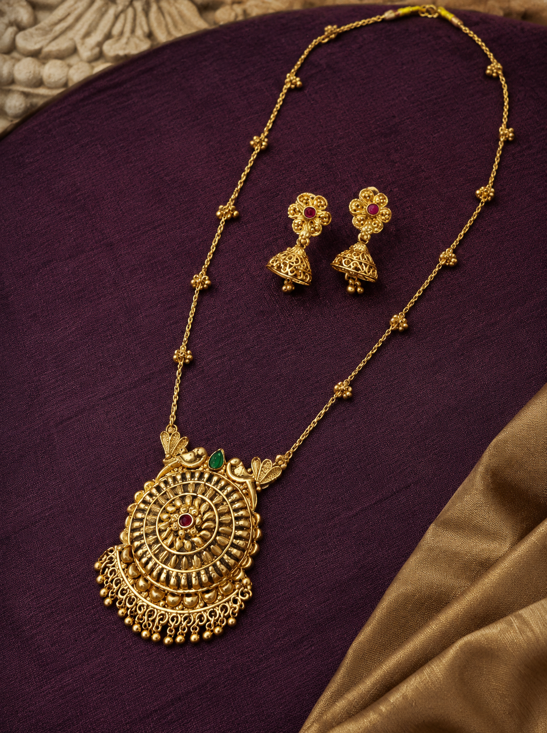 Red Stone Peacock Gold Plated Pendant Necklace Set
