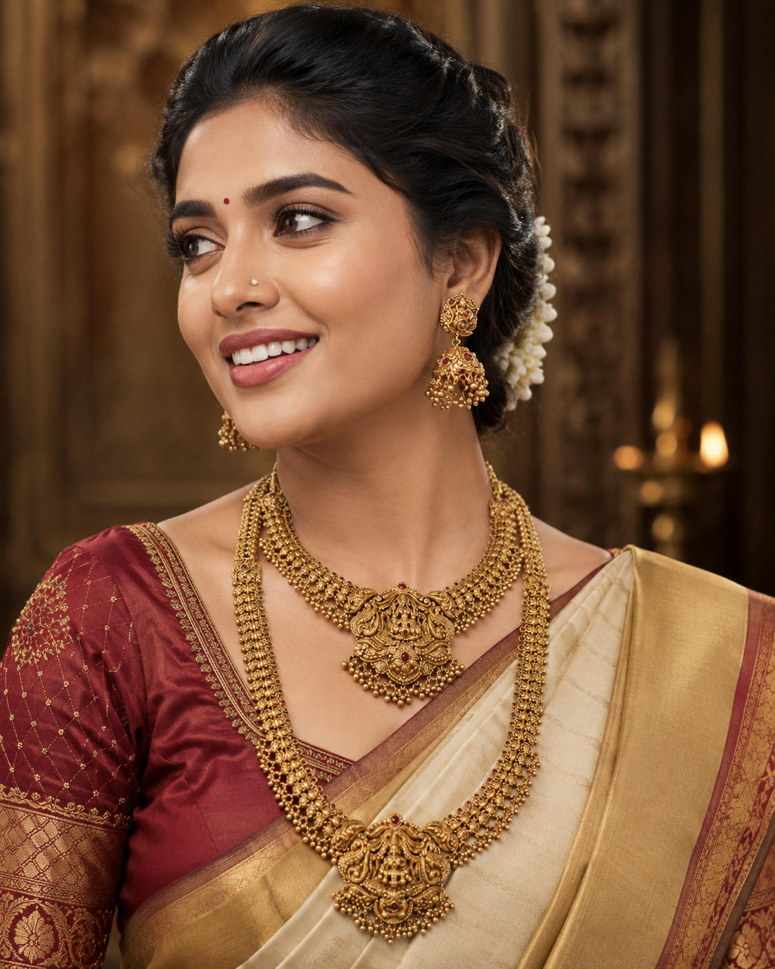 Lakshmi Devi Layered Gold Plated Necklace Set with Earrings