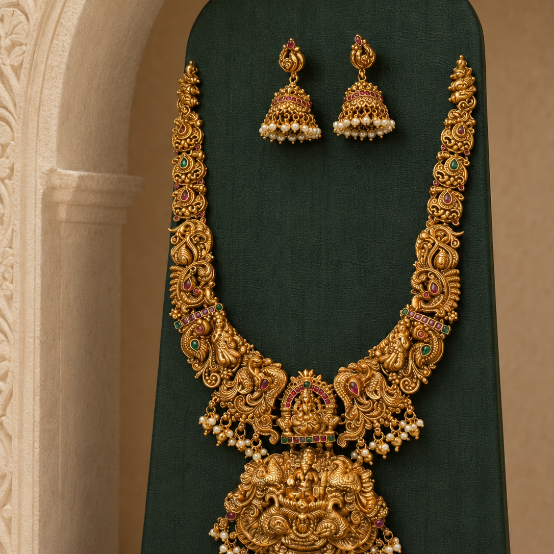Peacock Lakshmi Devi Long Gold Plated Necklace Set
