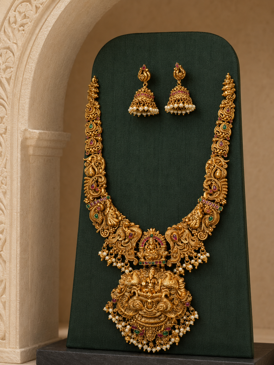 Peacock Lakshmi Devi Long Gold Plated Necklace Set