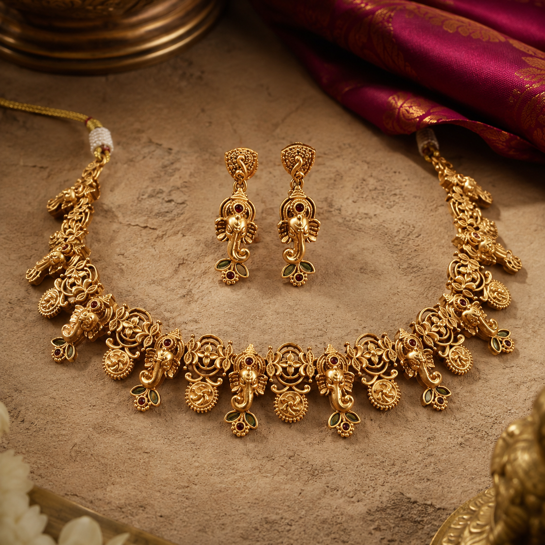 Kasula Charm Gold Plated Necklace Set with Earrings