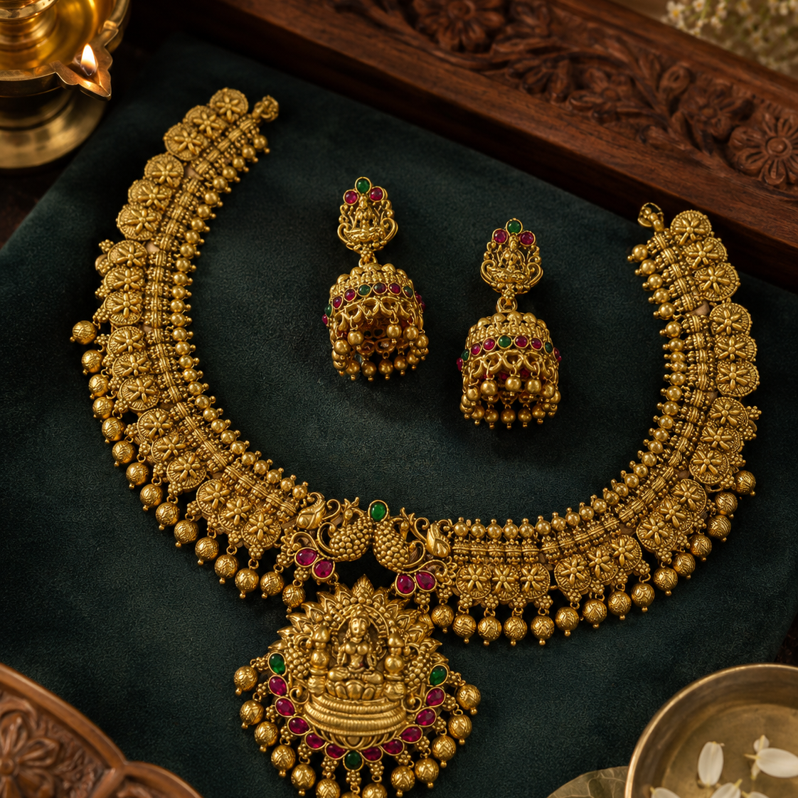 Red Stone Temple Gold Plated Necklace and Jhumka Set