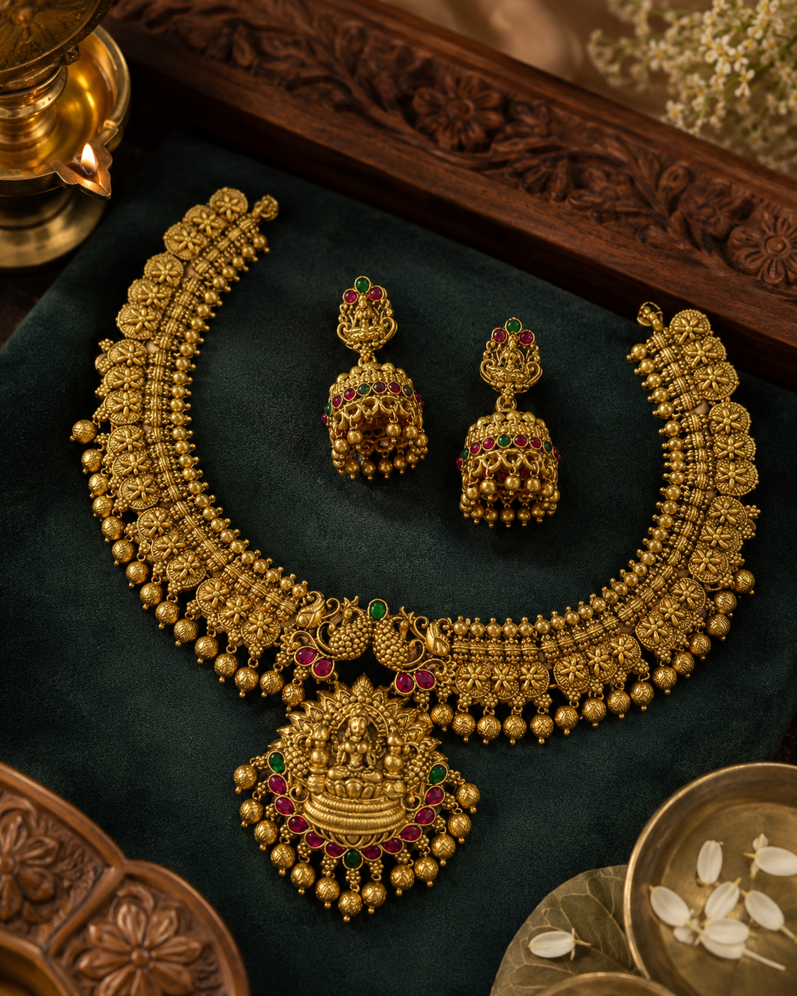 Red Stone Temple Gold Plated Necklace and Jhumka Set