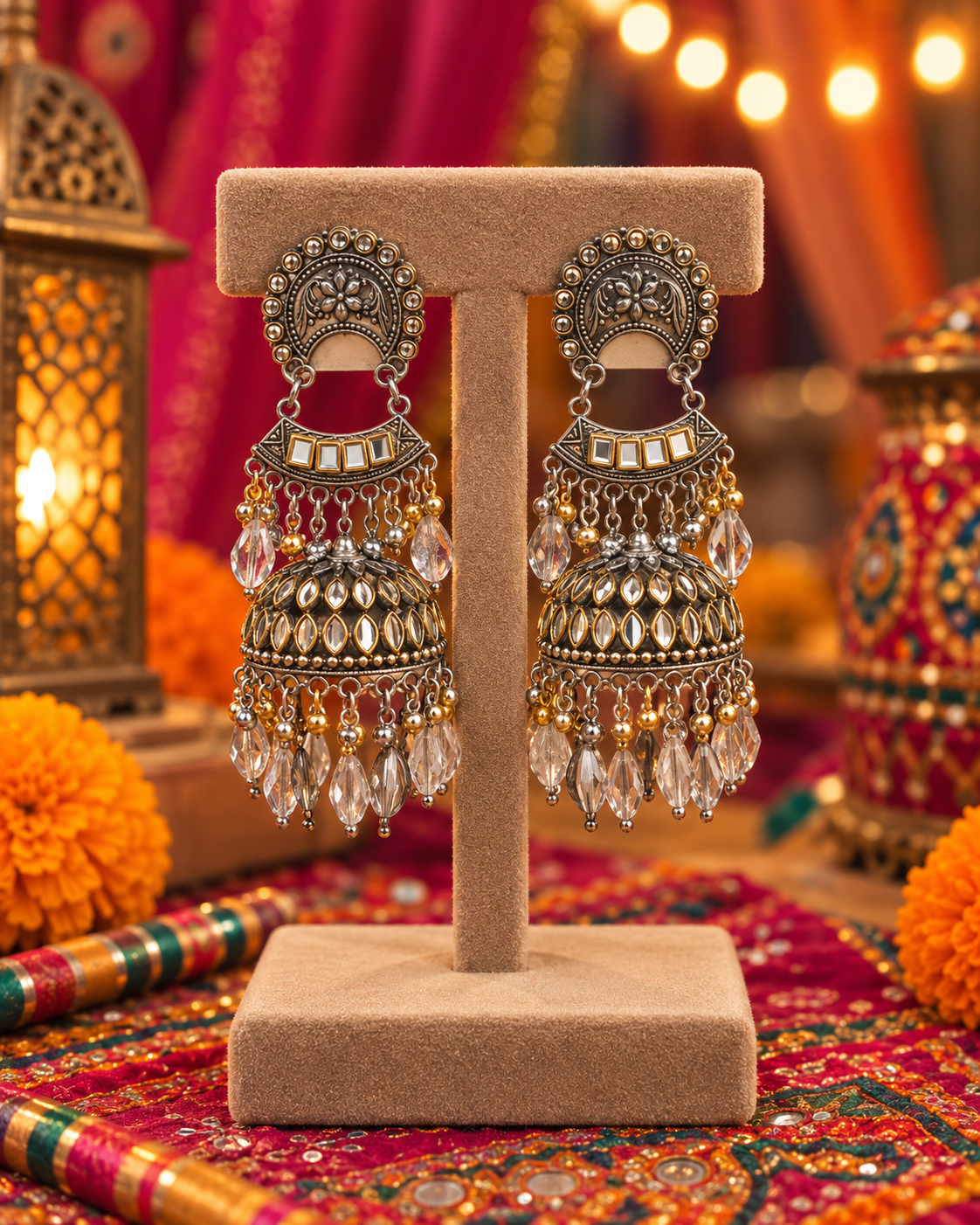 Oxidised Stone Jhumka Earrings